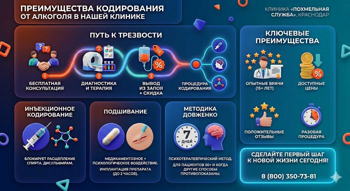 Инфографика о методах кодирования от алкоголя в Безенчуке: инъекции, подшивание, метод Довженко. Преимущества клиники и этапы лечения.